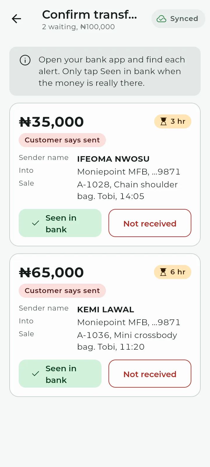 Confirm transfers: ₦35,000 from Ifeoma Nwosu and ₦65,000 from Kemi Lawal, customer says sent, with Seen in bank and Not received buttons.