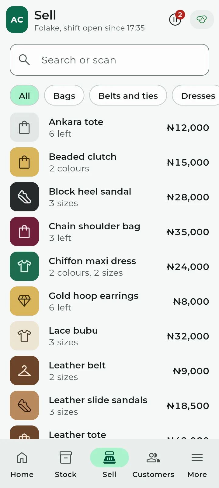Sell screen listing Ankara tote, Beaded clutch, Block heel sandal and more with prices.
