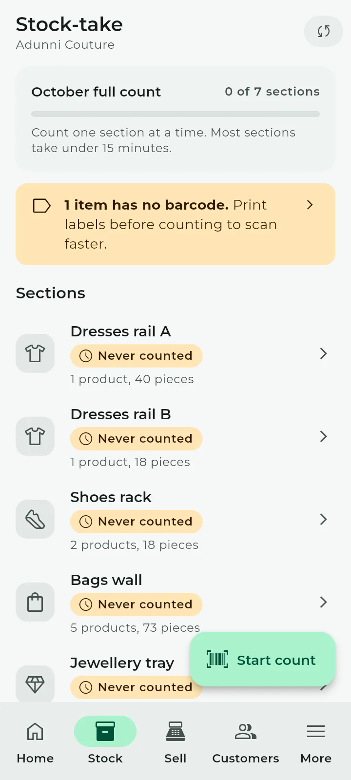 Stock-take: October full count, sections Dresses rail, Shoes rack, Bags wall.
